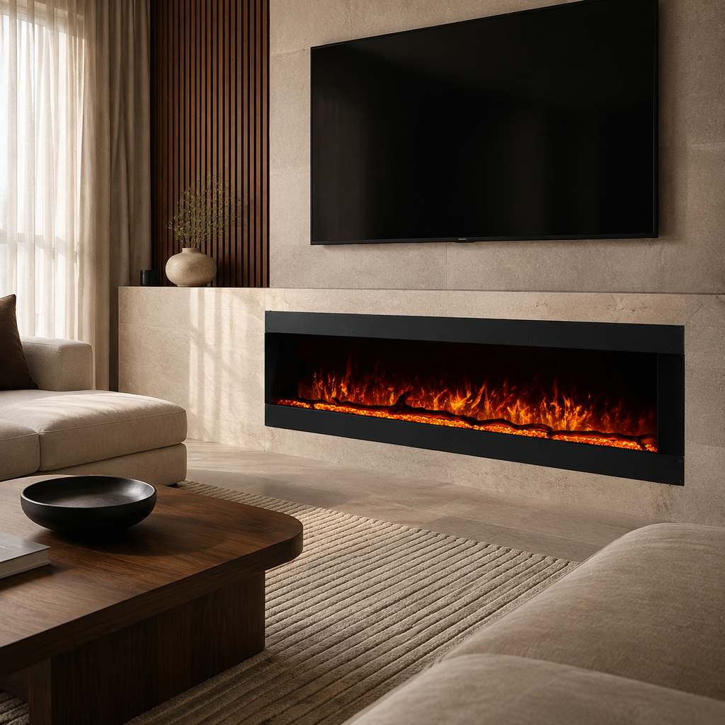 Inset Electric Fire — Clarendon Frameless Full Glass, Media Wall