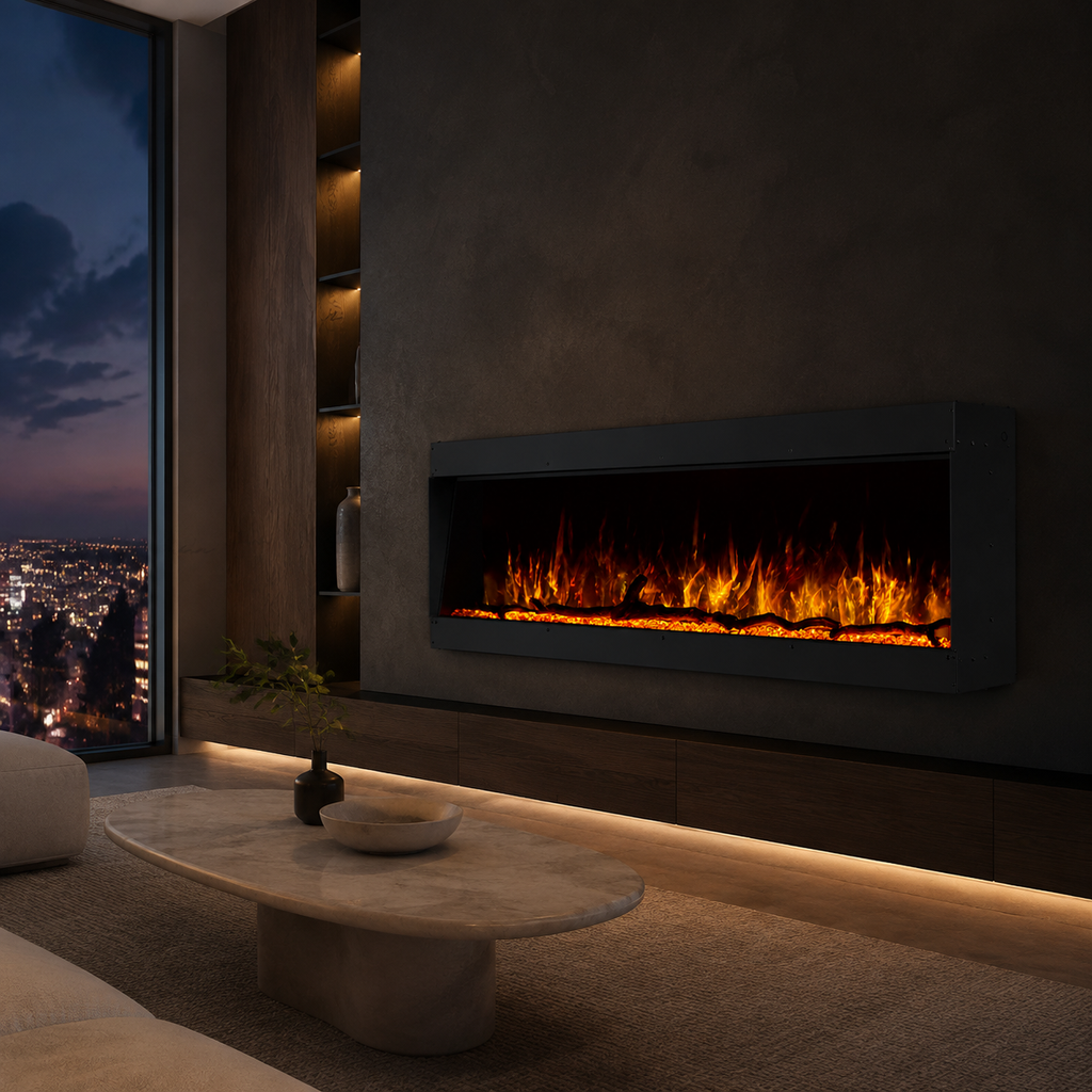 Inset Electric Fire — Clarendon Frameless Full Glass, Media Wall