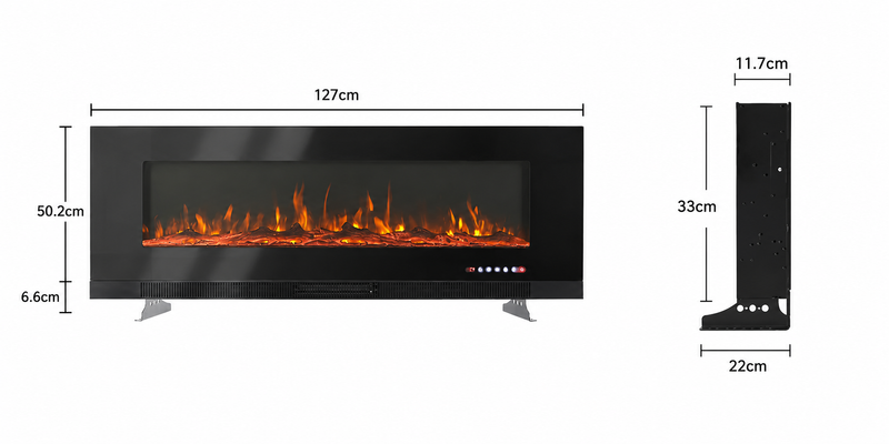 Electric Wall Mounted Fire 50 Inch — Freestanding Stand, 12 Flame Colours size guide