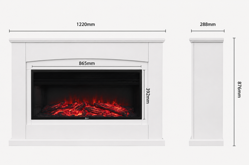Electric Fireplace Insert 34 Inch — White Wooden Mantel, Recessed size guide