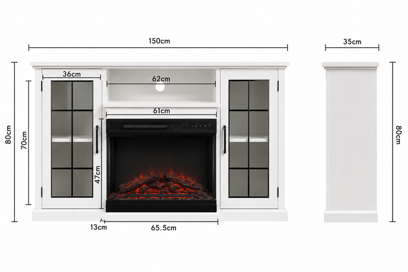 Fireplace TV Stand 24 Inch — White LED Media Console, 3 Flame Colours size guide