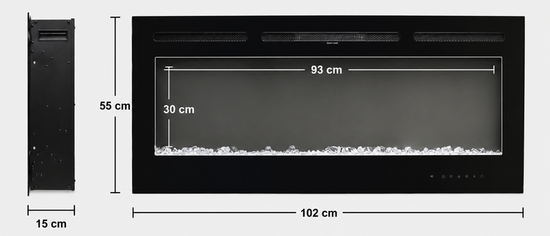 Wall Mounted Electric Fire 40 Inch — Recessed, Pebbles & Charcoal, 9 Flame Colours size guide