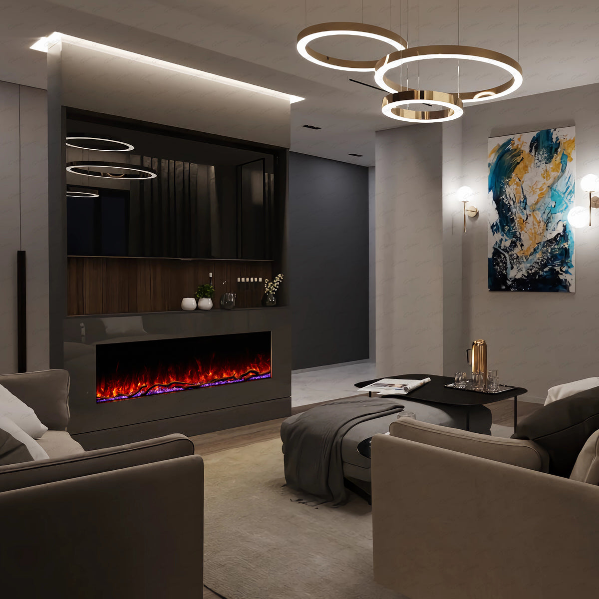 Inset Electric Fire — Clarendon Frameless Full Glass, Media Wall