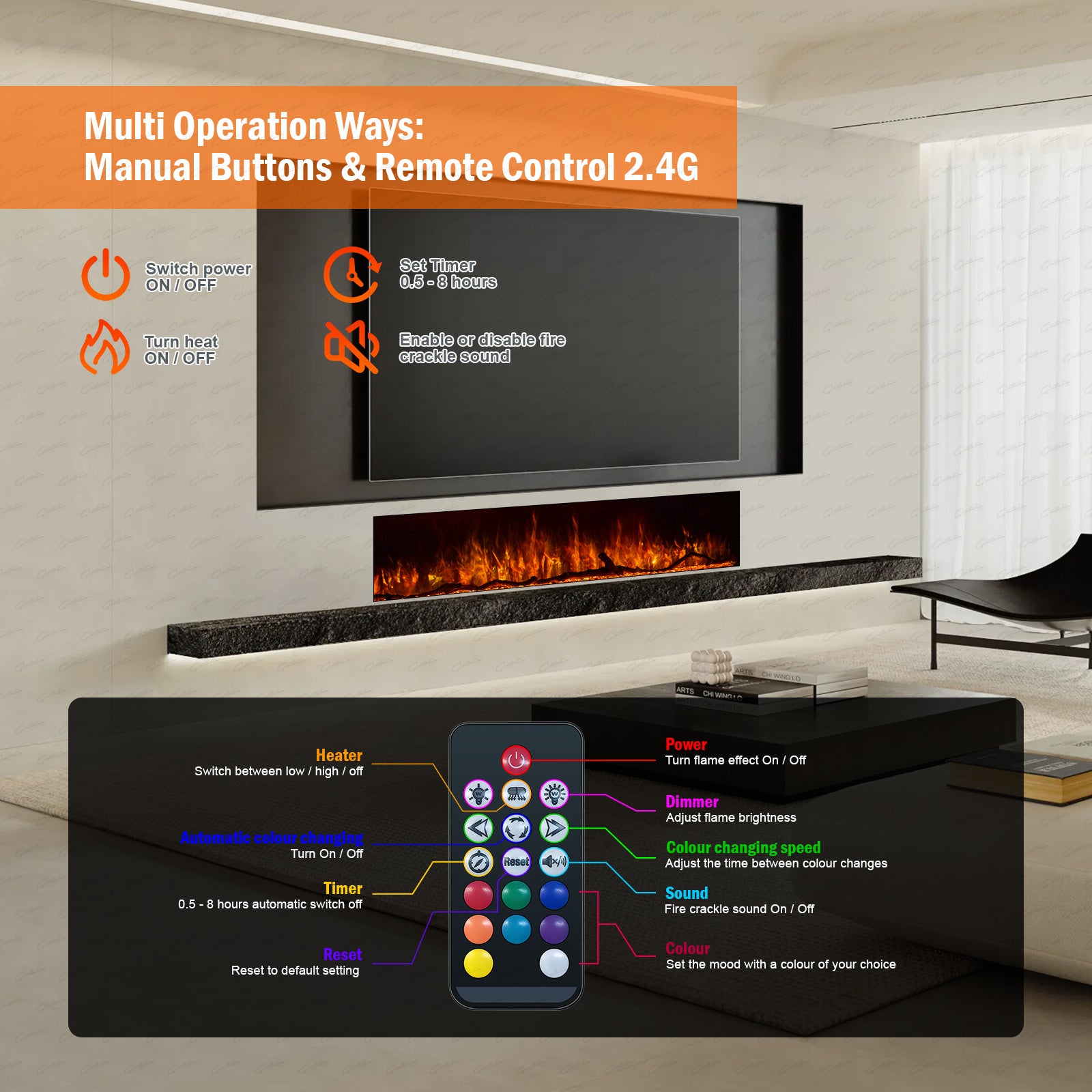 Inset Electric Fire — Clarendon Frameless Full Glass, Media Wall