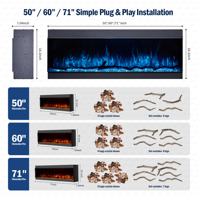 Inset Electric Fire — Clarendon Frameless Full Glass, Media Wall size guide
