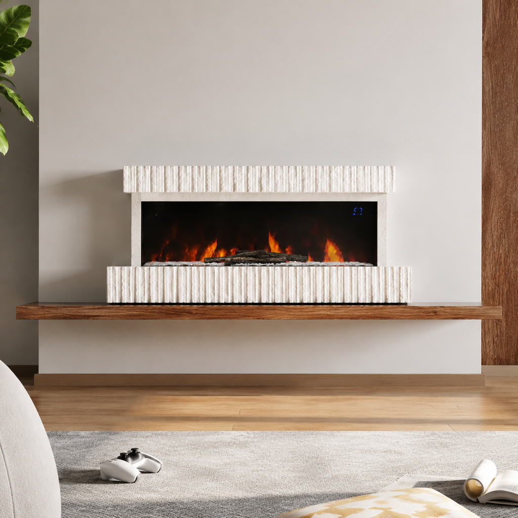 Freestanding Electric Fireplace 50 Inch — Contemporary Wall Mounted Mantel, White, WiFi Smart Control