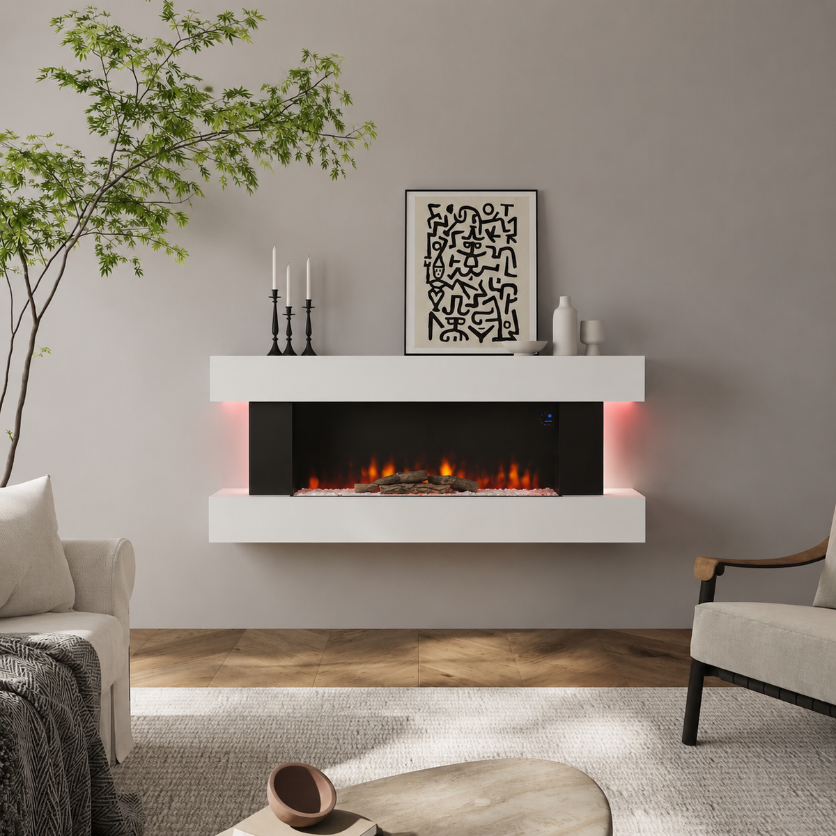 Freestanding Electric Fireplace 50 Inch — Contemporary Wall Mounted Mantel, White, WiFi Smart Control
