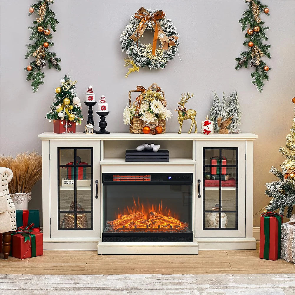 Fireplace TV Stand 24 Inch — White LED Media Console, 3 Flame Colours