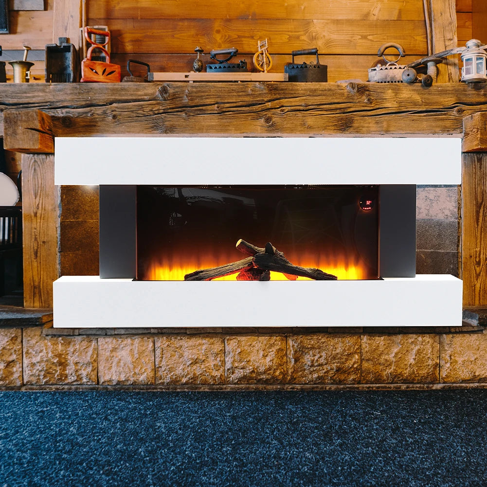 Freestanding Electric Fireplace 50 Inch — Contemporary Wall Mounted Mantel, White,