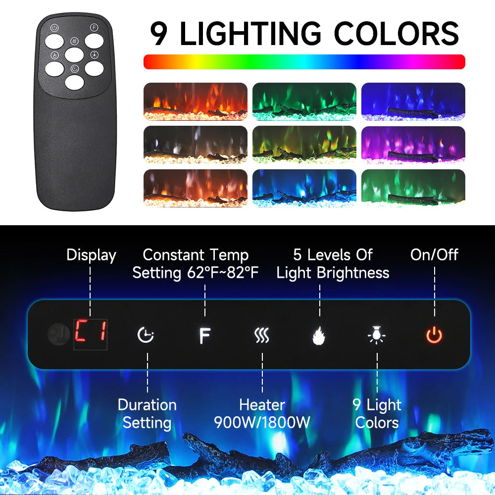 Freestanding Electric Fire 50 Inch — 3-in-1 Recessed & Wall Mounted, 9 Flame Colours