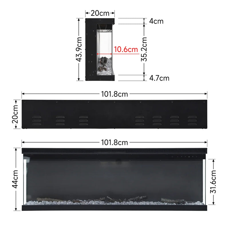 Electric Wall Mounted Fire — Recessed, 12 Flame Colours size guide