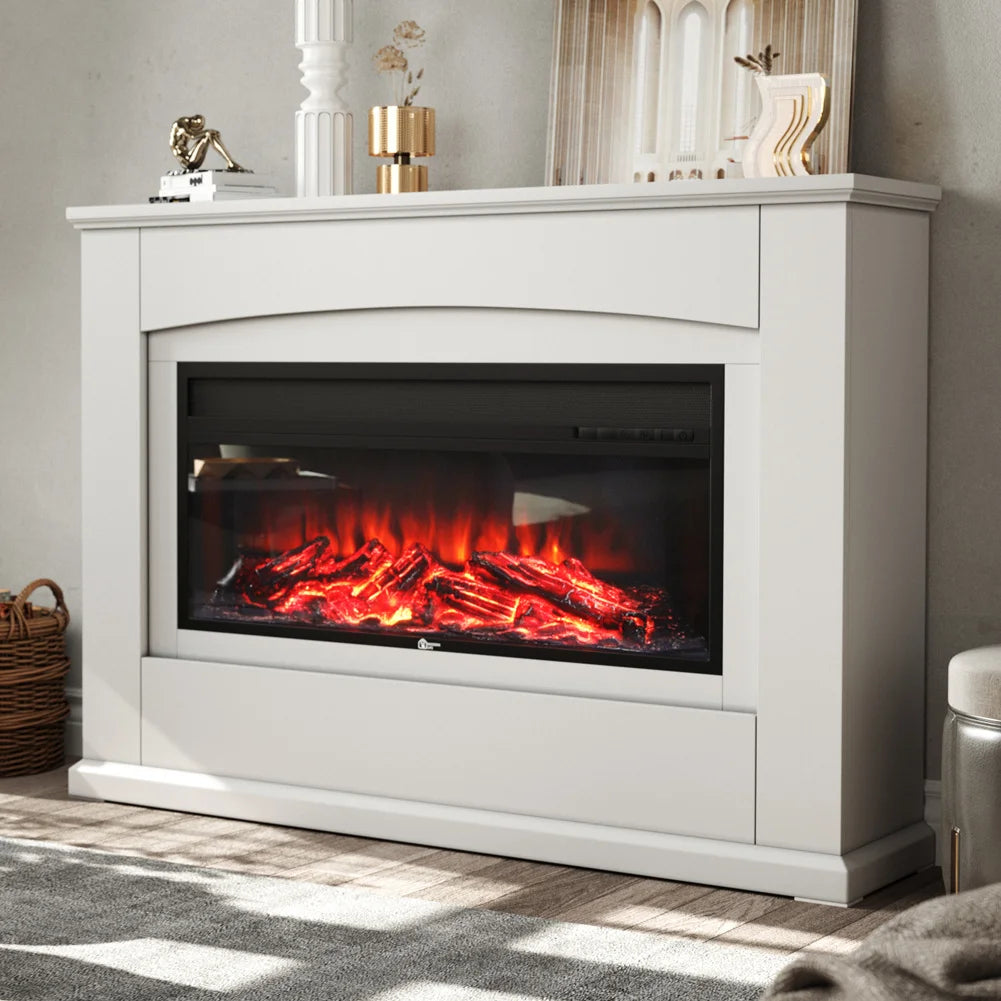 Electric Fireplace Insert 34 Inch — White Wooden Mantel, Recessed