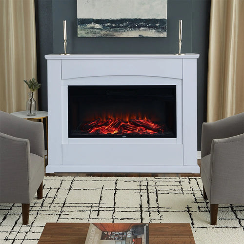 Electric Fireplace Insert 34 Inch — White Wooden Mantel, Recessed