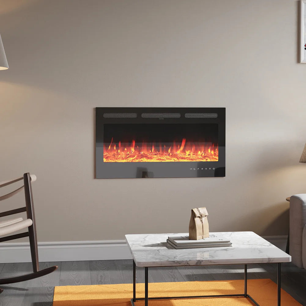 Wall Mounted Electric Fire 40 Inch — Recessed, Pebbles & Charcoal, 9 Flame Colours