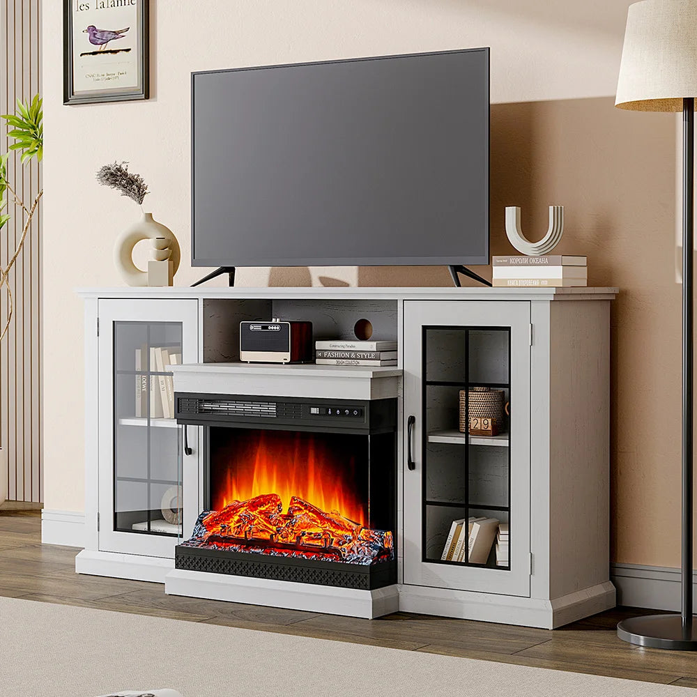 Fireplace TV Stand 24 Inch — White LED Media Console, 3 Flame Colours