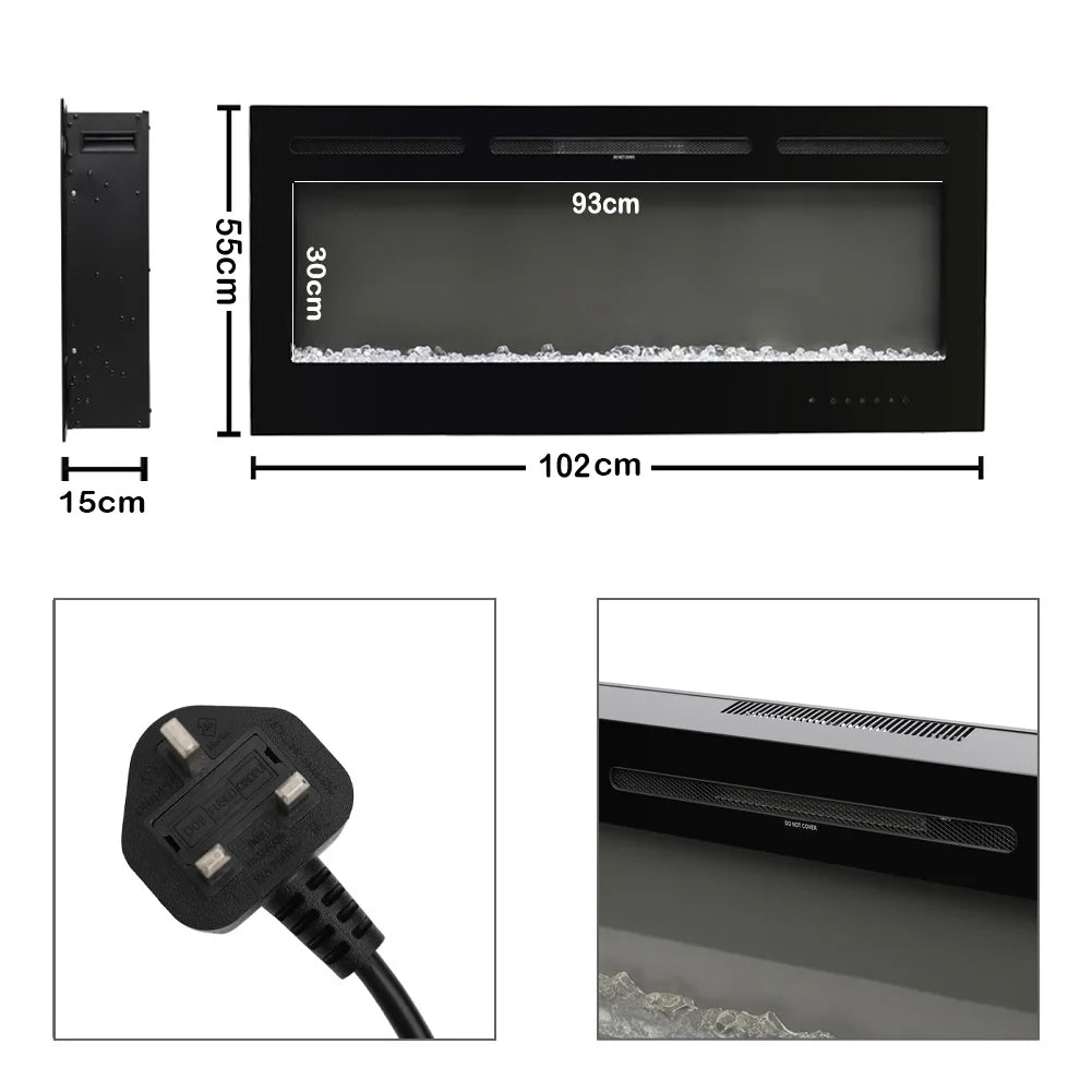 Wall Mounted Electric Fire 40 Inch — Recessed, Pebbles & Charcoal, 9 Flame Colours
