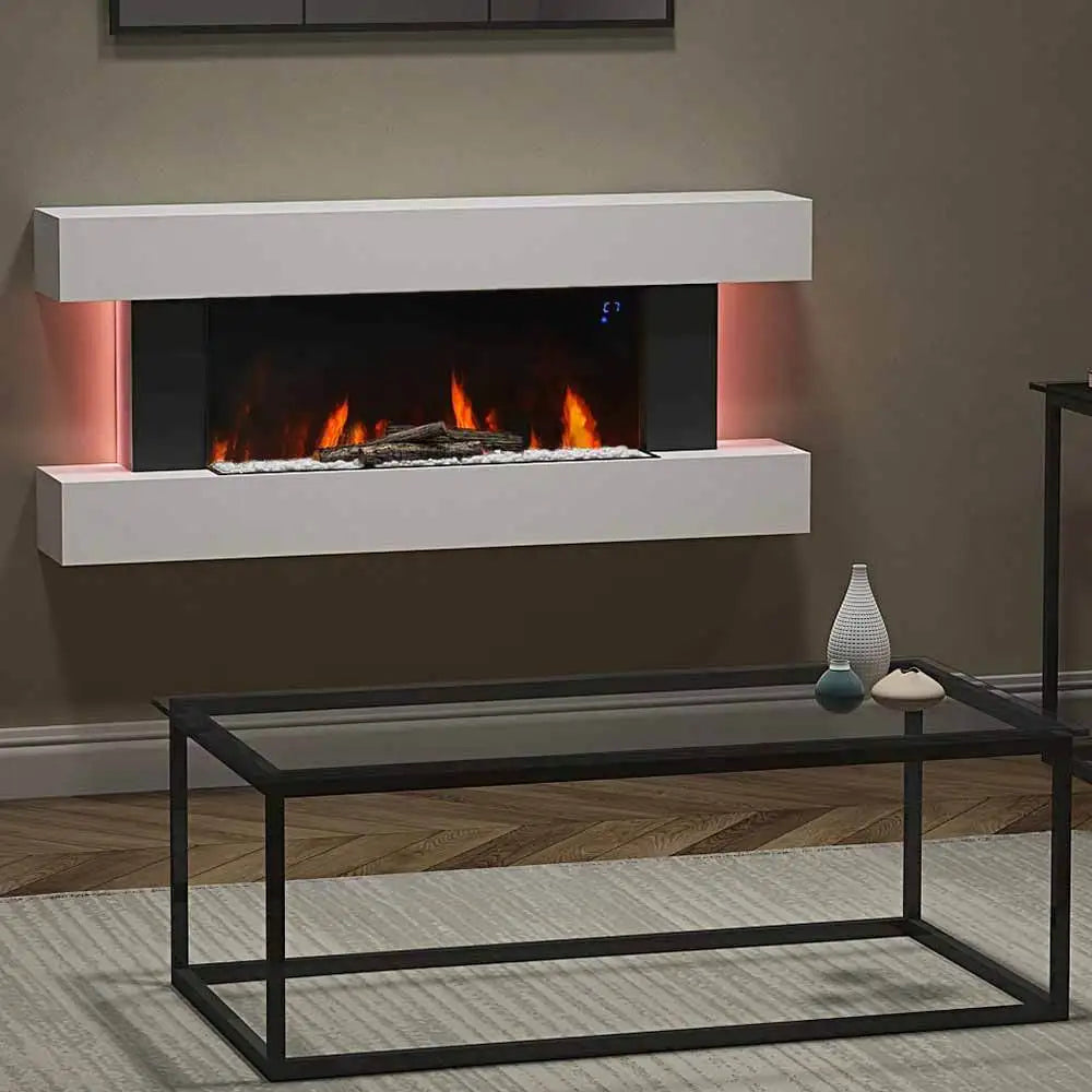 Freestanding Electric Fireplace 50 Inch — Contemporary Wall Mounted Mantel, White,