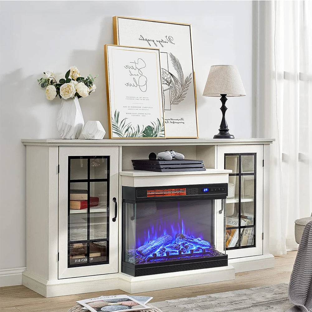Fireplace TV Stand 24 Inch — White LED Media Console, 3 Flame Colours