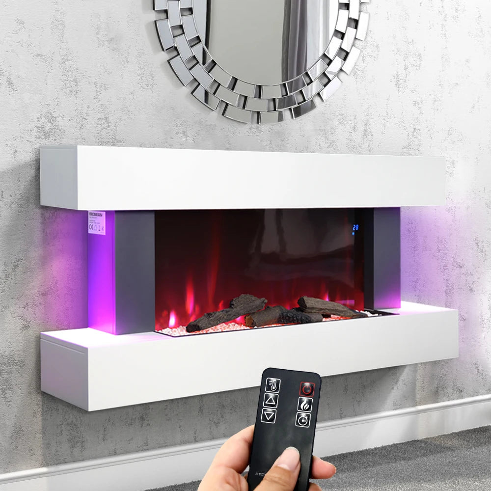 Freestanding Electric Fireplace 50 Inch — Contemporary Wall Mounted Mantel, White, WiFi Smart Control