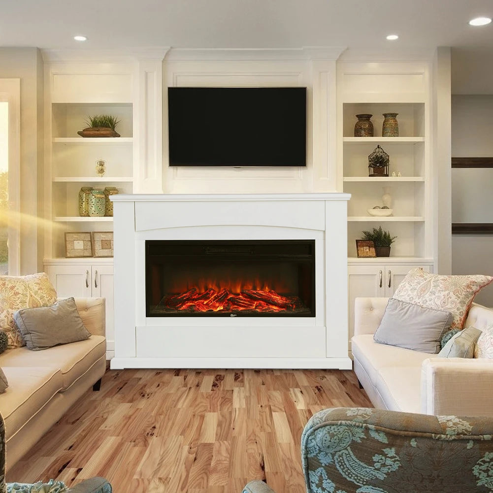 Electric Fireplace Insert 34 Inch — White Wooden Mantel, Recessed