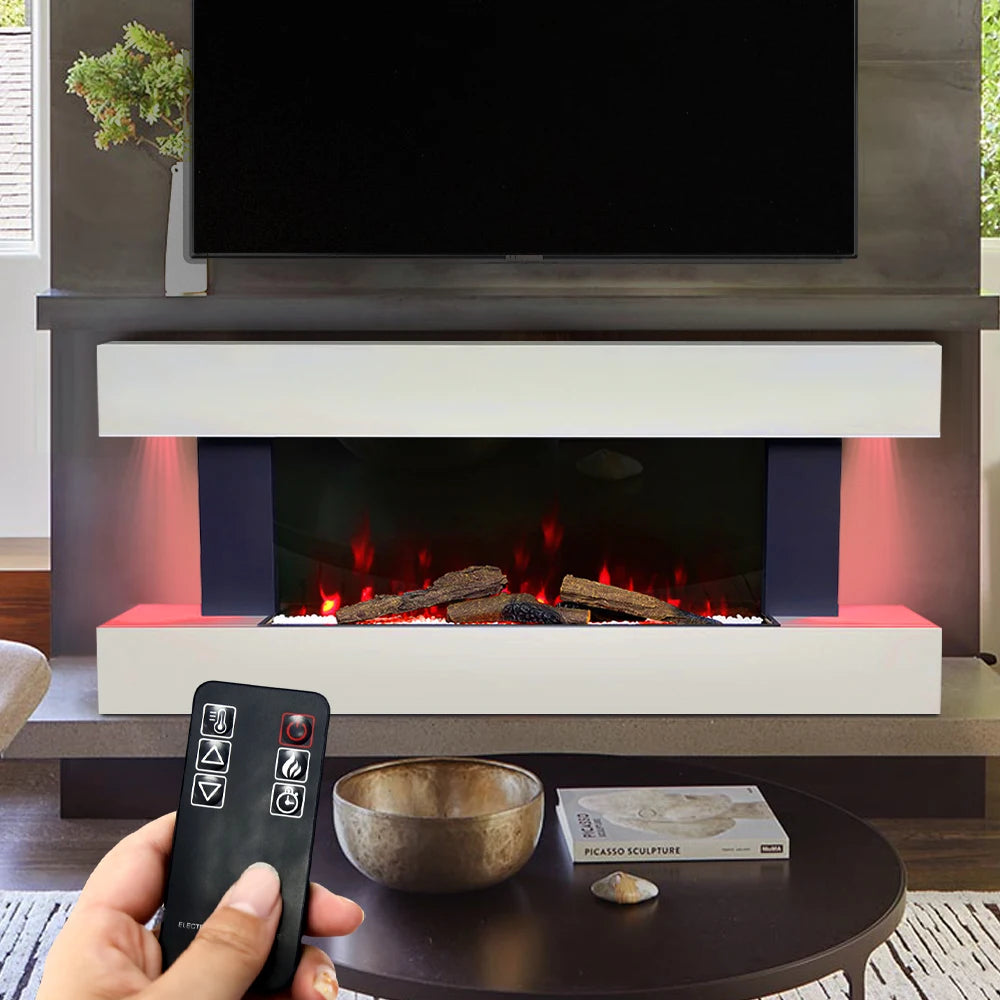 Freestanding Electric Fireplace 50 Inch — Contemporary Wall Mounted Mantel, White, WiFi Smart Control