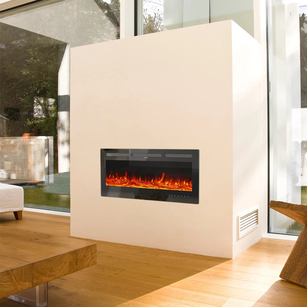 Wall Mounted Electric Fire 40 Inch — Recessed, Pebbles & Charcoal, 9 Flame Colours