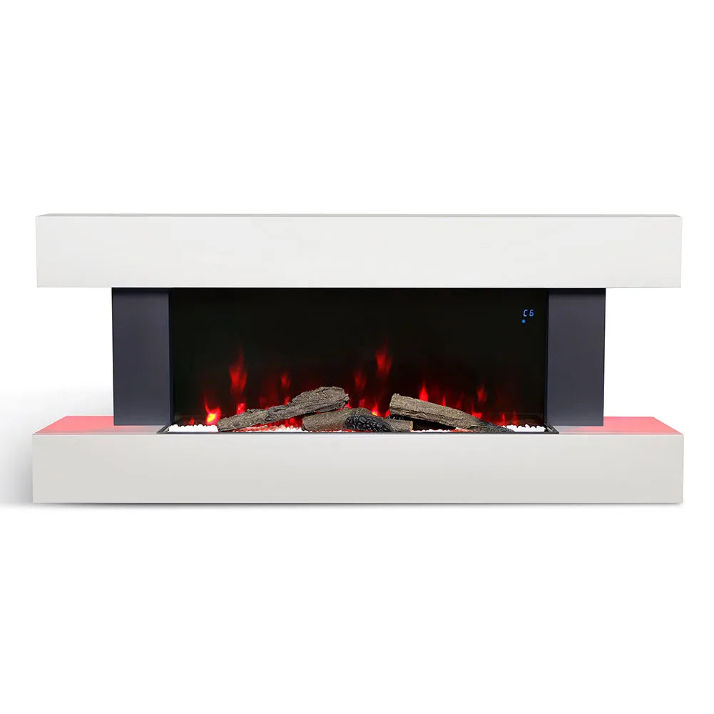 Freestanding Electric Fireplace 50 Inch — Contemporary Wall Mounted Mantel, White, WiFi Smart Control