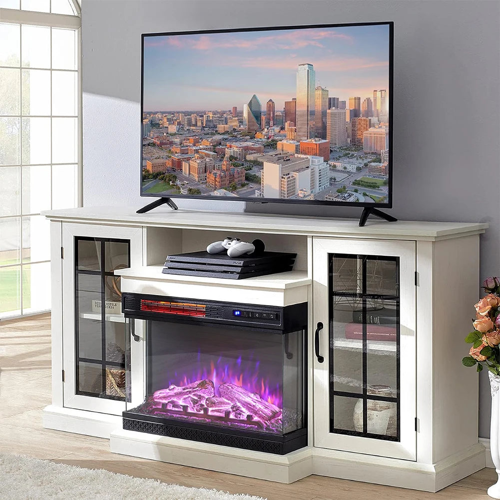 Fireplace TV Stand 24 Inch — White LED Media Console, 3 Flame Colours