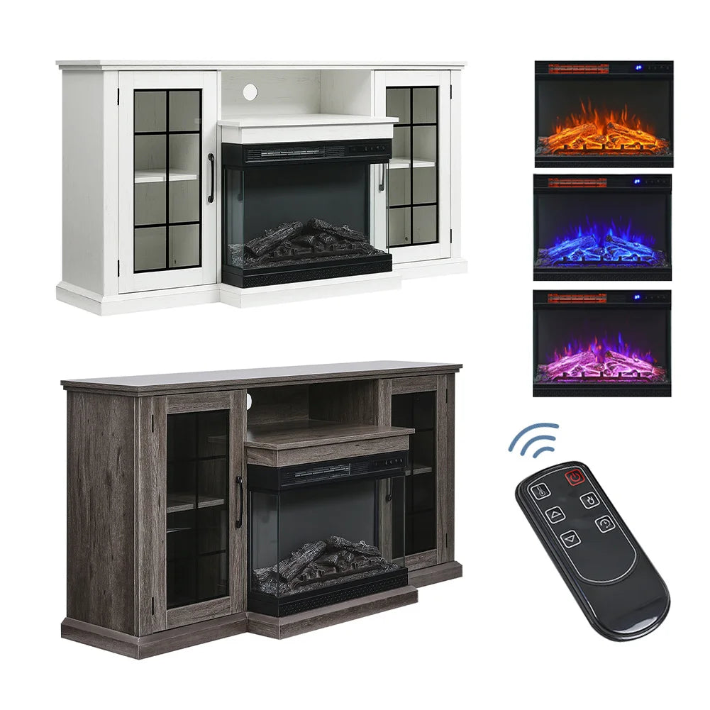 Fireplace TV Stand 24 Inch — White LED Media Console, 3 Flame Colours