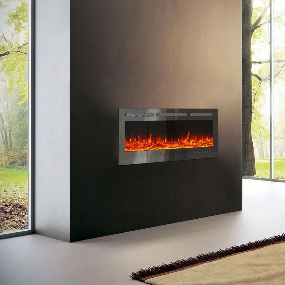 Wall Mounted Electric Fire 40 Inch — Recessed, Pebbles & Charcoal, 9 Flame Colours