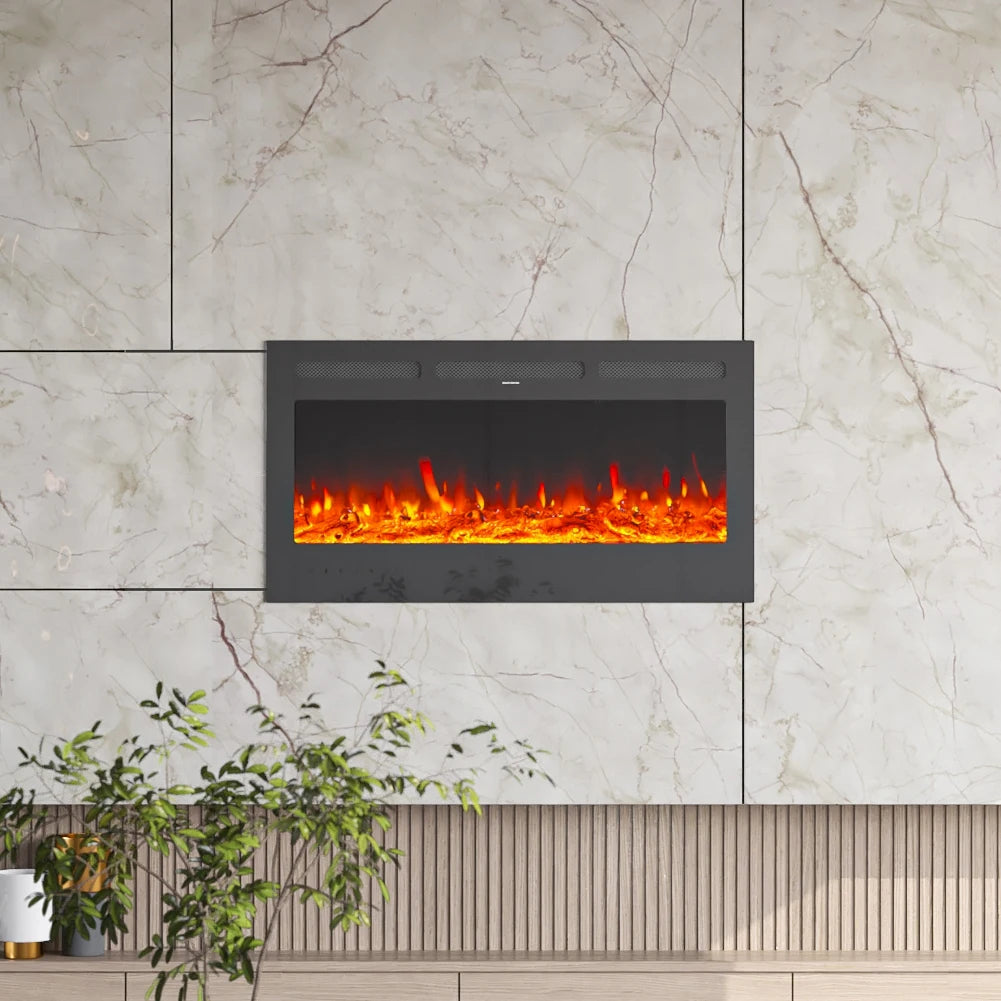 Wall Mounted Electric Fire 40 Inch — Recessed, Pebbles & Charcoal, 9 Flame Colours