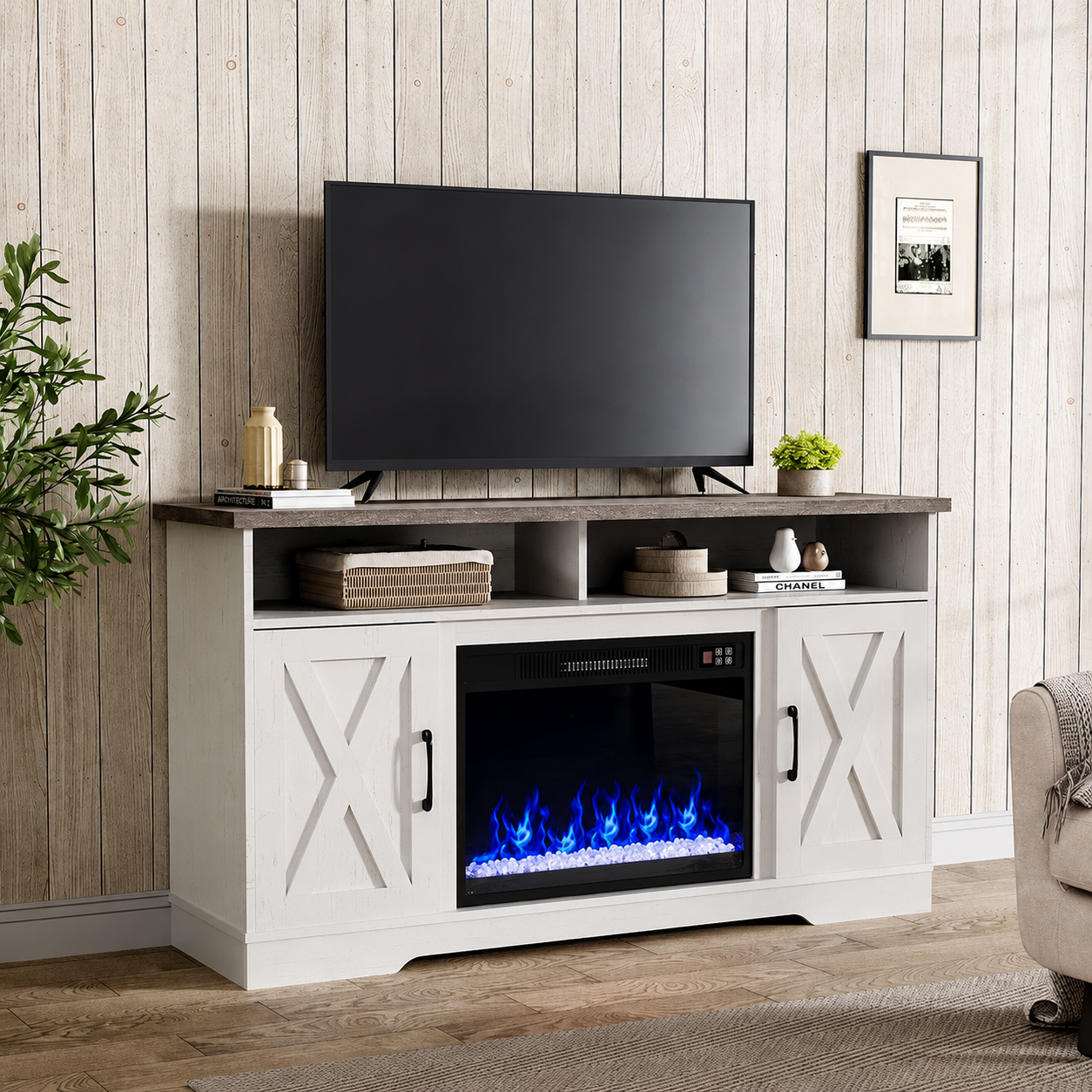 Fireplace TV Stand 36 Inch — Closed Storage, 3 Flame Colours