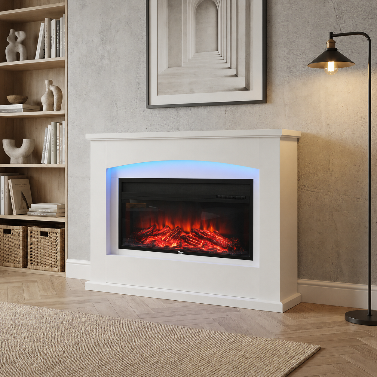 Electric Fireplace Insert 34 Inch — White Wooden Mantel, Recessed