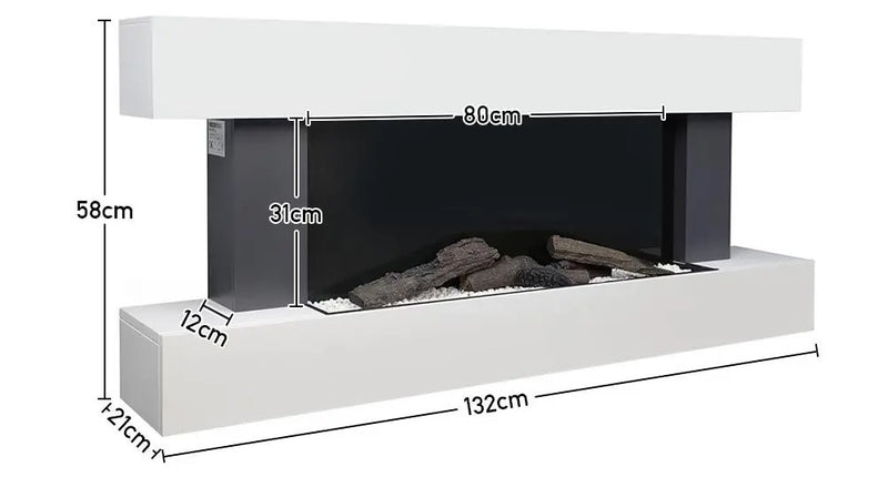 Freestanding Electric Fireplace 50 Inch — Contemporary Wall Mounted Mantel, White, WiFi Smart Control size guide