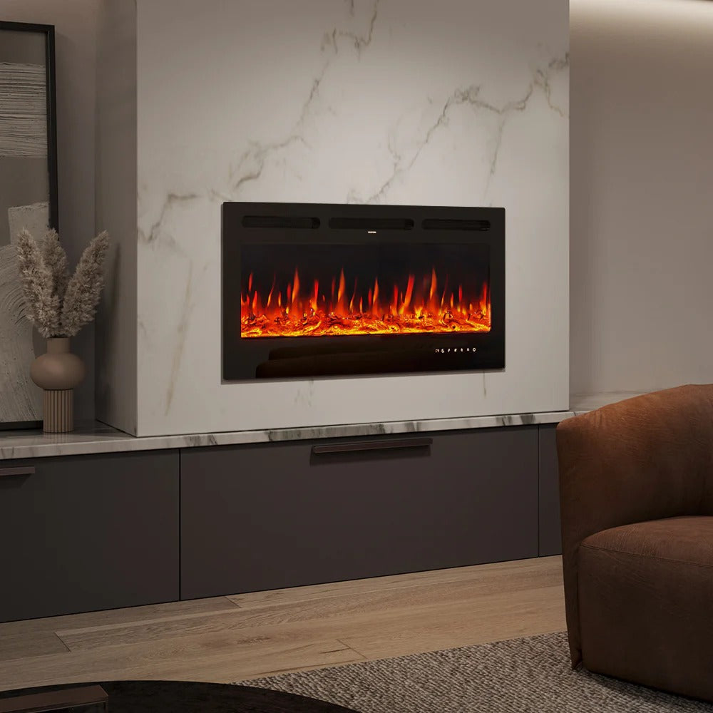 Wall Mounted Electric Fire 40 Inch — Recessed, Pebbles & Charcoal, 9 Flame Colours