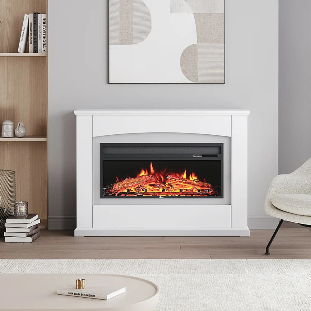 Electric Fireplace Insert 34 Inch — White Wooden Mantel, Recessed