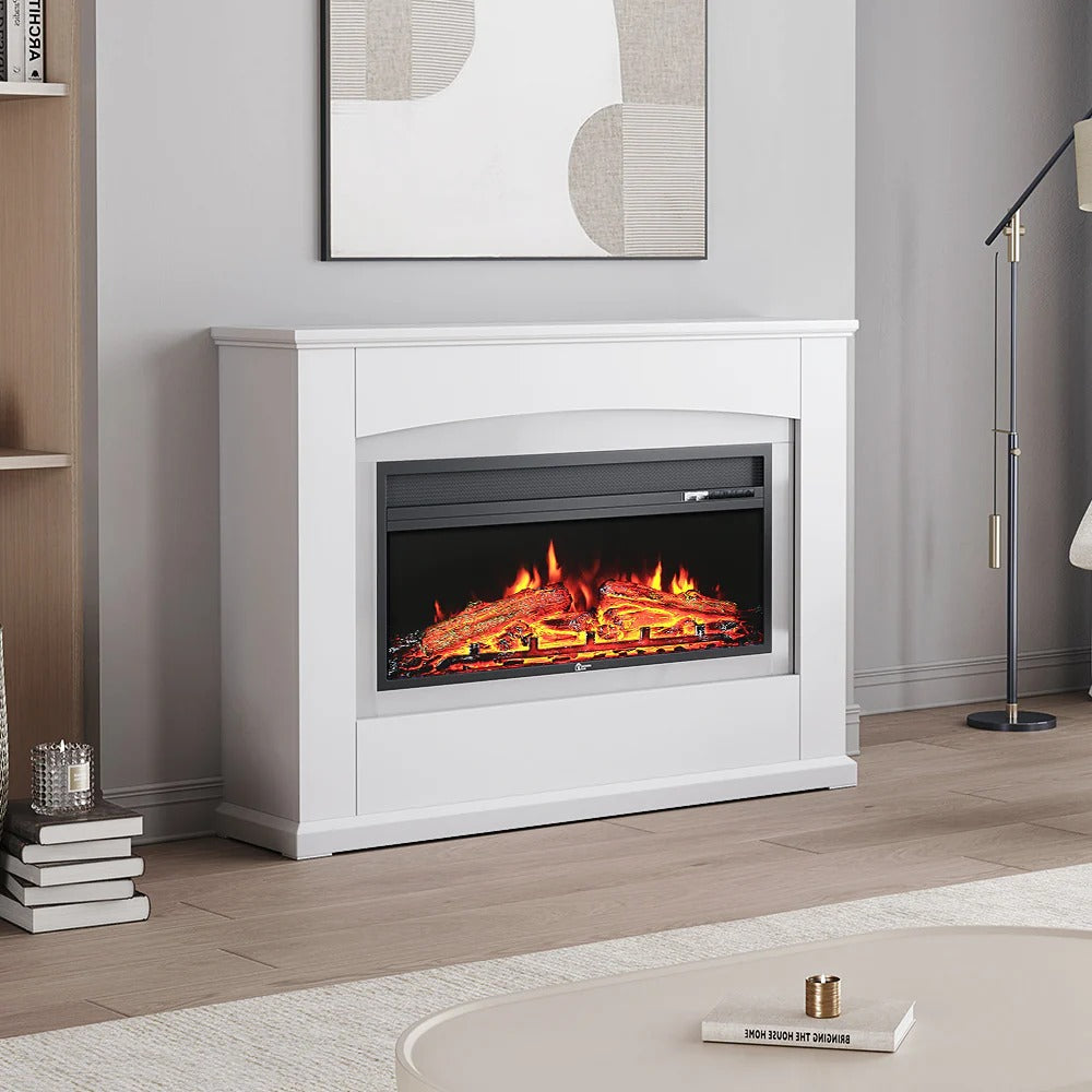 Electric Fireplace Insert 34 Inch — White Wooden Mantel, Recessed