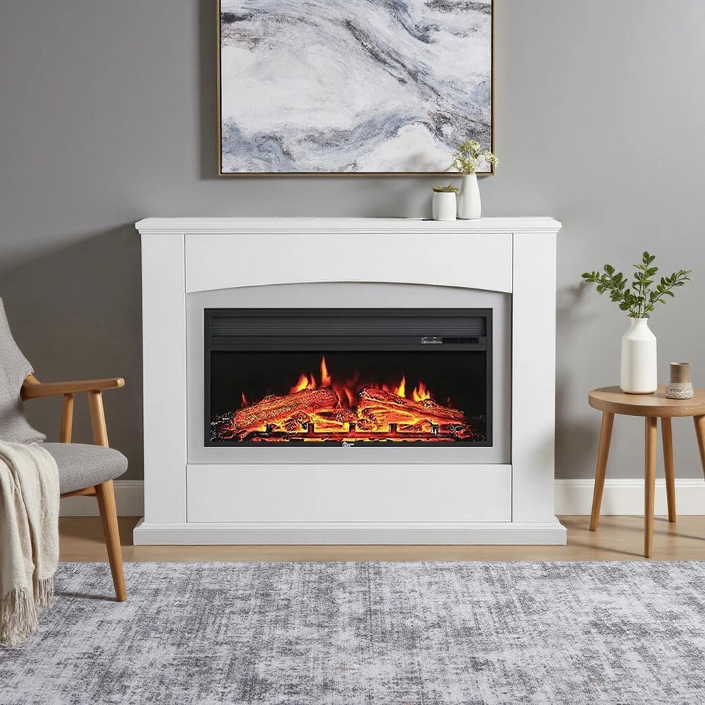 Electric Fireplace Insert 34 Inch — White Wooden Mantel, Recessed
