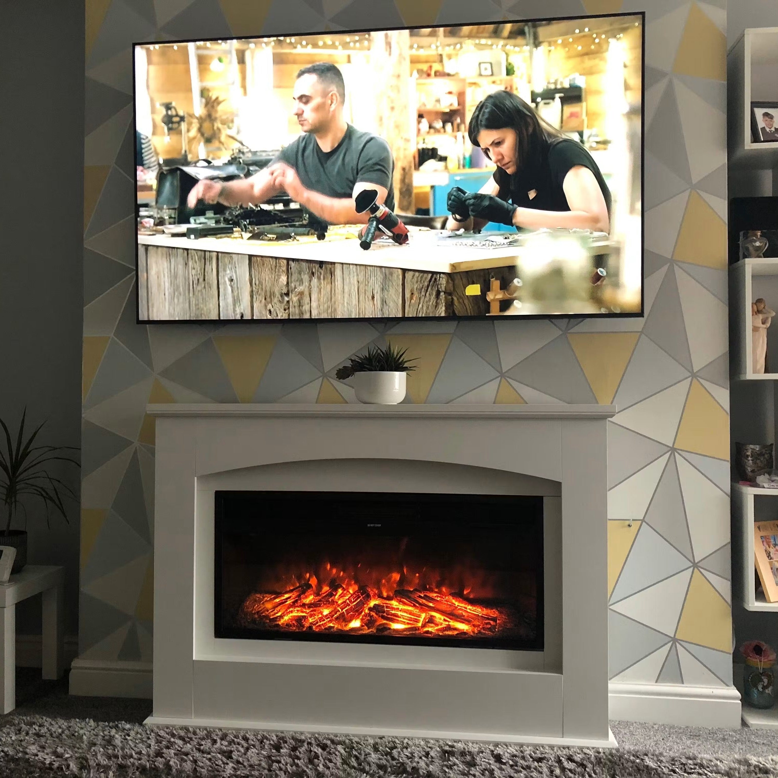 Electric Fireplace Insert 34 Inch — White Wooden Mantel, Recessed