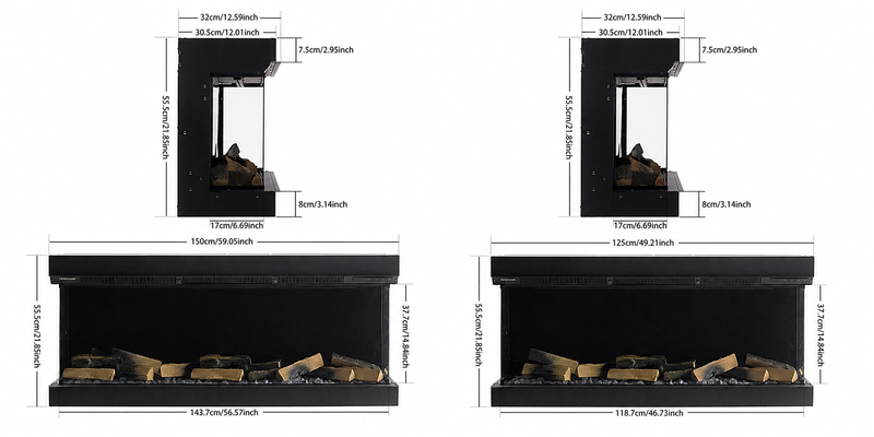 3-Sided Media Wall Fireplace — Smart Electric Fire, 50/60 Inch size guide