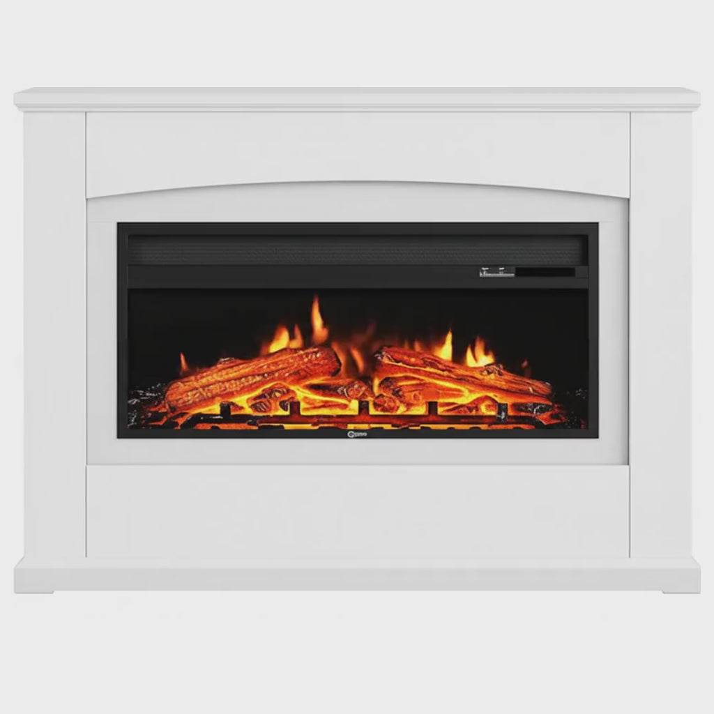 Electric Fireplace Insert 34 Inch — White Wooden Mantel, Recessed