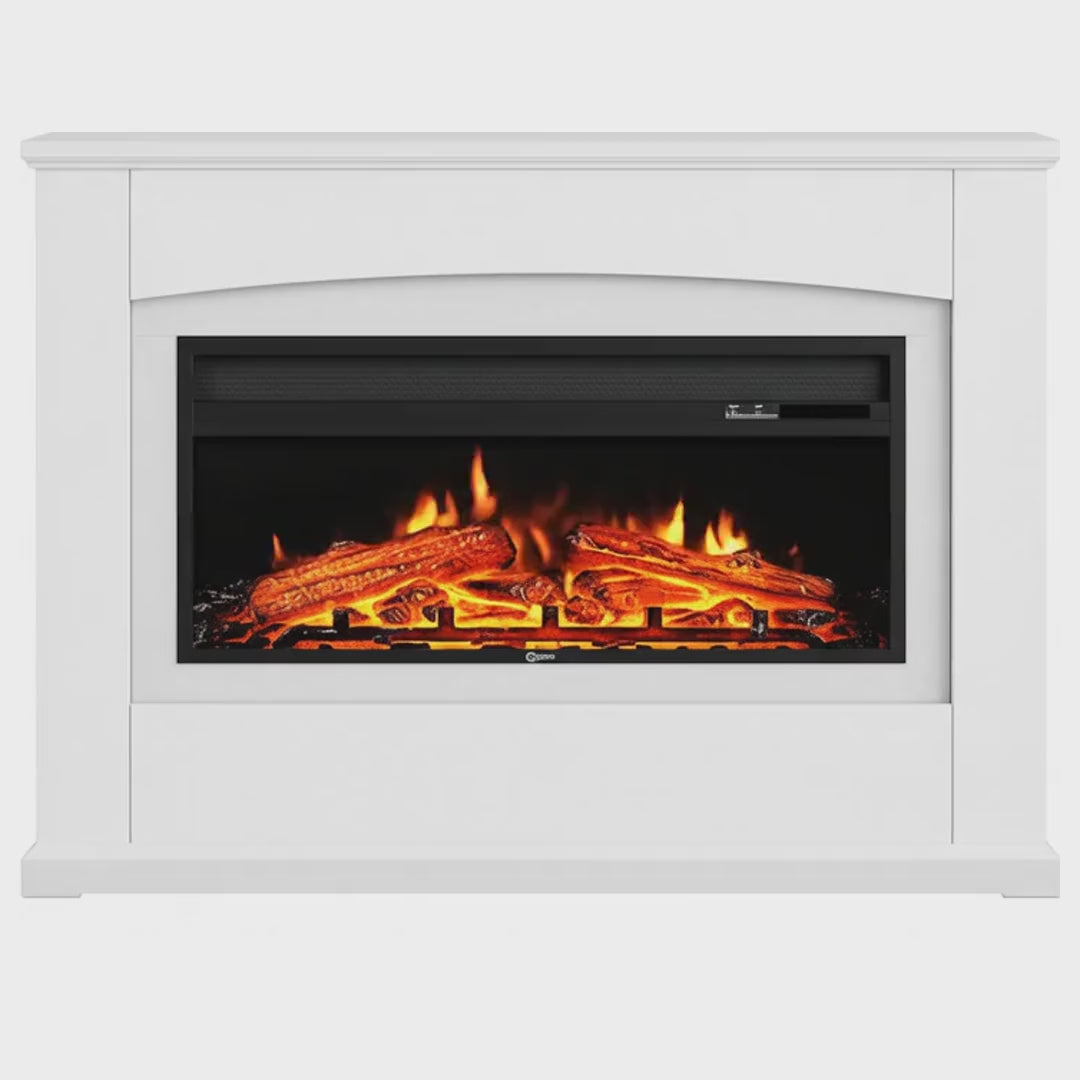 Electric Fireplace Insert 34 Inch — White Wooden Mantel, Recessed