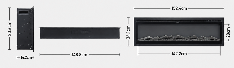 Wall Mounted Electric Fire 60 Inch — 12 Flame Colours size guide