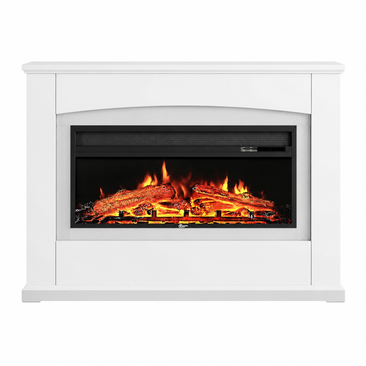 Electric Fireplace Insert 34 Inch — White Wooden Mantel, Recessed