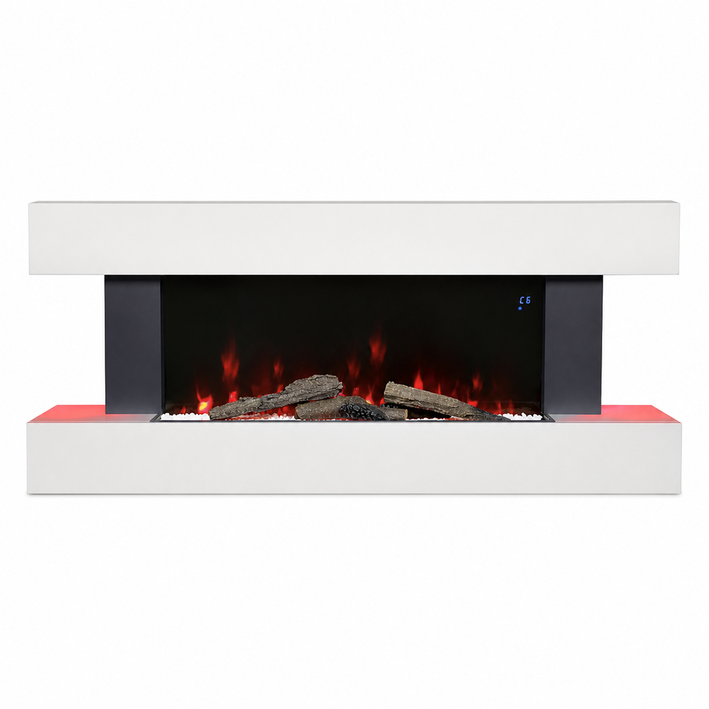 Freestanding Electric Fireplace 50 Inch — Contemporary Wall Mounted Mantel, White, WiFi Smart Control